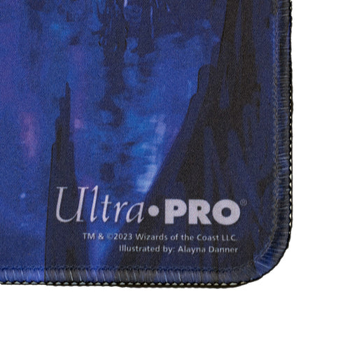 Ultra Pro White Stitched Playmat for Magic: The Gathering: The Lost Caverns of Ixalan : Cavern of Souls - Blue fabric playmat corner with black stitched edging and white Ultra Pro logo text.