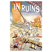 In Ruins: A Dungeon Building Game - Colorful game box cover featuring a skeleton dining in a medieval dungeon with candles and a fire in the background.