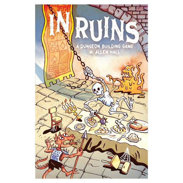 In Ruins: A Dungeon Building Game - Colorful game box cover featuring a skeleton dining in a medieval dungeon with candles and a fire in the background.