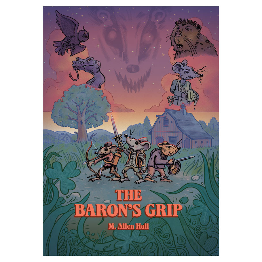 Mausritter: The Baron’s Grip (PREORDER) - Colorful fantasy book cover featuring anthropomorphic mice adventurers, a large menacing wolf face, and various mythical.