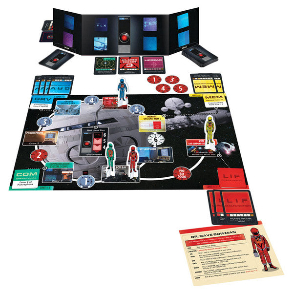 2001: A Space Odyssey: The Board Game (PREORDER) - Board game setup featuring a space-themed game board with moon surface artwork, character standees, red and black cards,.