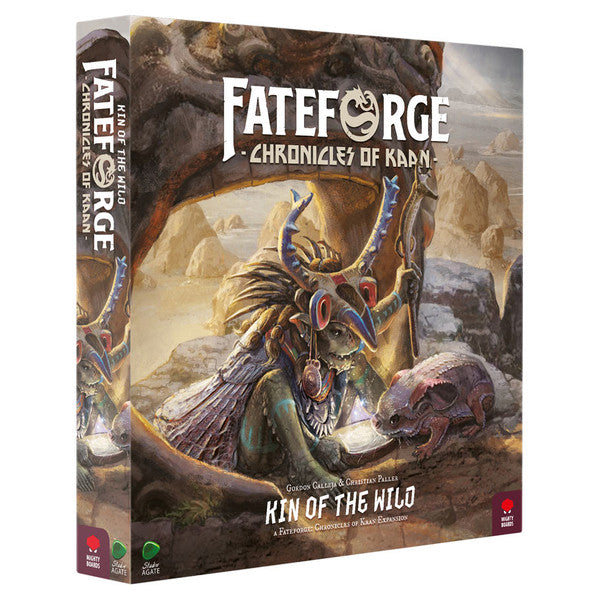Fateforge: Kin of the Wild Expansion - Kin of the Wild Expansion box with fantasy warrior in tribal armor holding spear against rocky desert background.