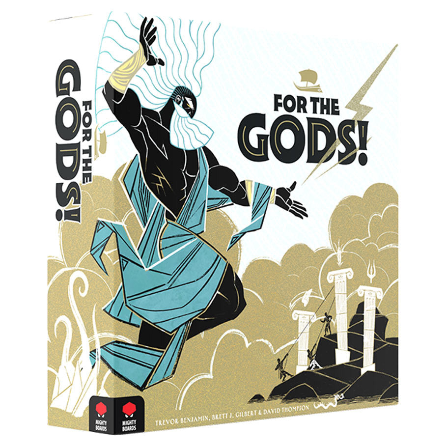 For the Gods! (PREORDER) - Board game box featuring stylized illustration of a robed god figure with flowing beard and lightning bolt, clouds and.