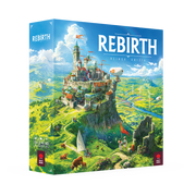 Rebirth - Colorful board game box with a floating castle atop a lush green hill under a bright blue sky labeled "Rebirth.".