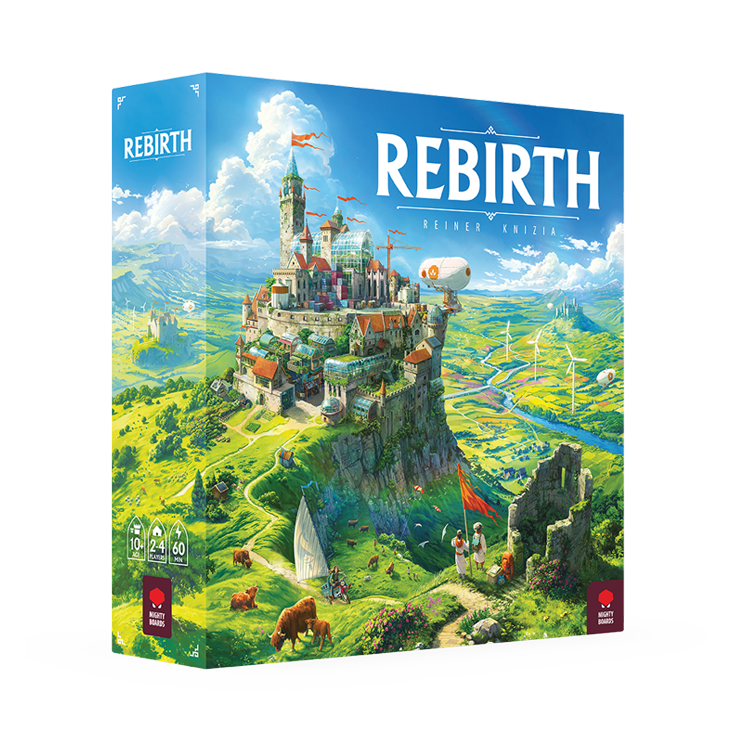 Rebirth - Colorful board game box with a floating castle atop a lush green hill under a bright blue sky labeled "Rebirth.".
