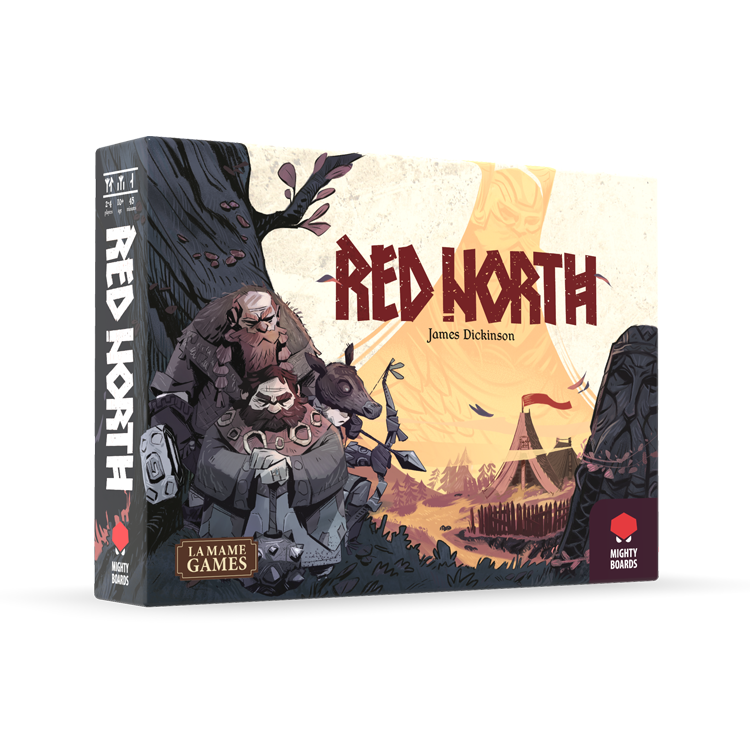 Red North - Board game box with fantasy artwork featuring rugged characters and a dramatic sunset landscape, titled Red North.