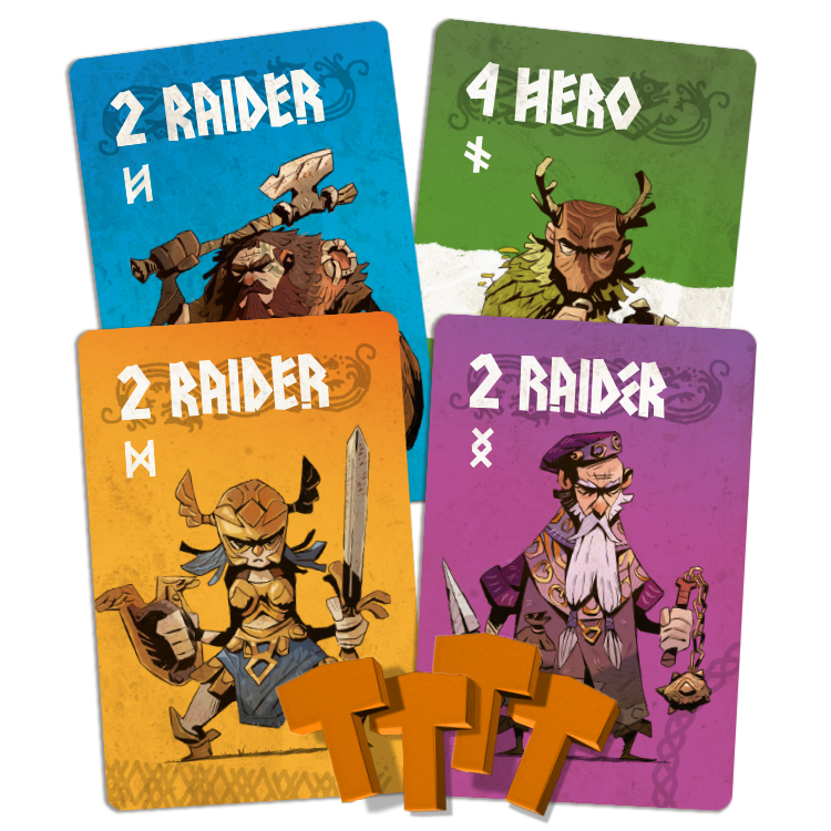 Red North - Four colorful fantasy-themed game cards featuring illustrated warriors with weapons, labeled with various stats and roles,.