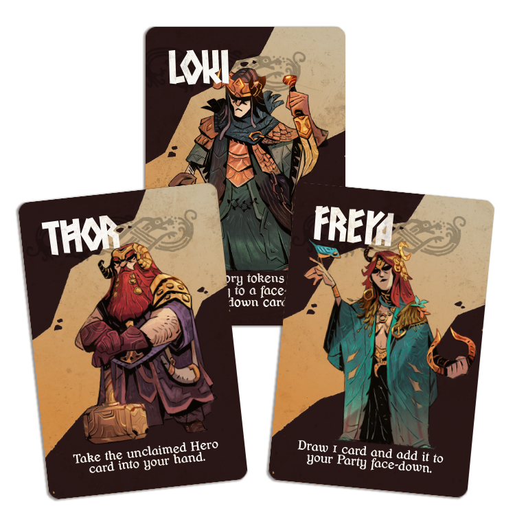 Red North - Three fantasy-themed strategy game cards featuring characters Loki, Thor, and Freya, each with unique illustrations and text