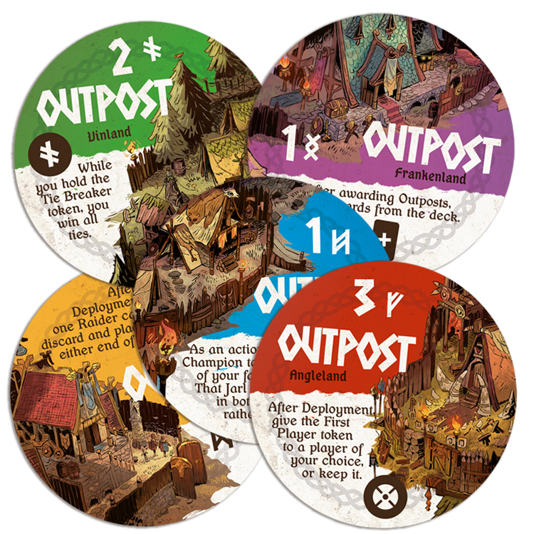 Red North - Five round strategy game tokens with illustrated medieval outposts, each in distinct green, purple, orange, blue, and red.