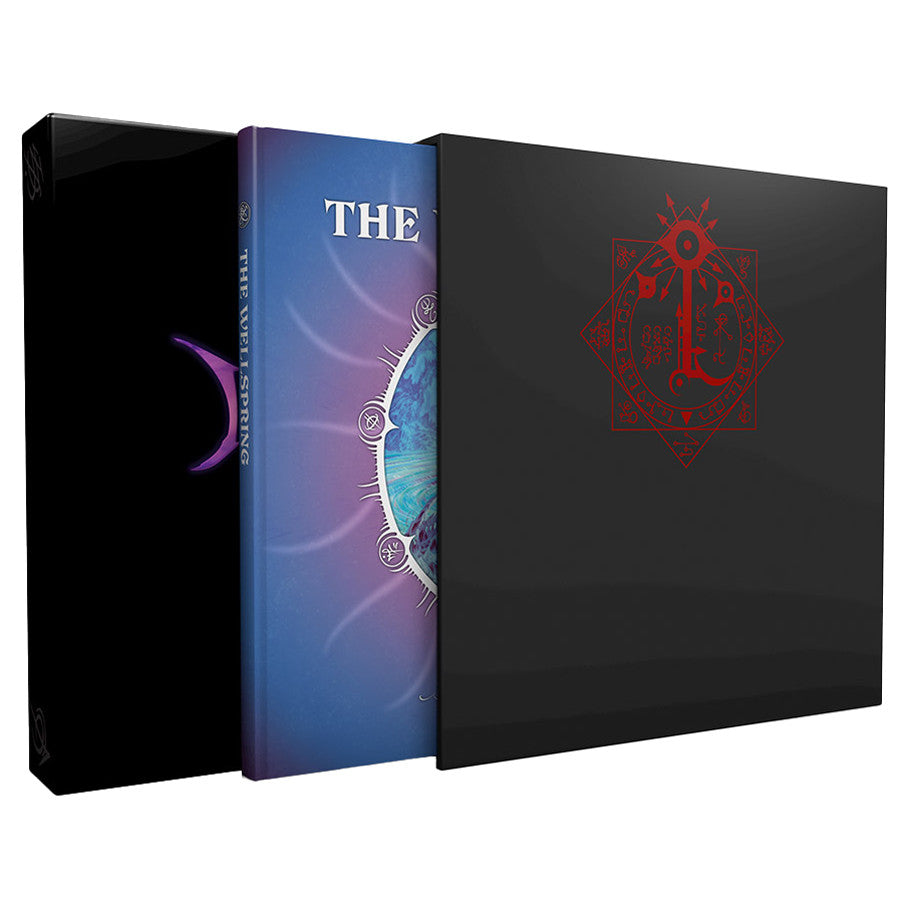 Invisible Sun: The Wellspring (PREORDER) - Black box set with red geometric and eye design, including a blue and purple album cover featuring a glowing sun and watery.