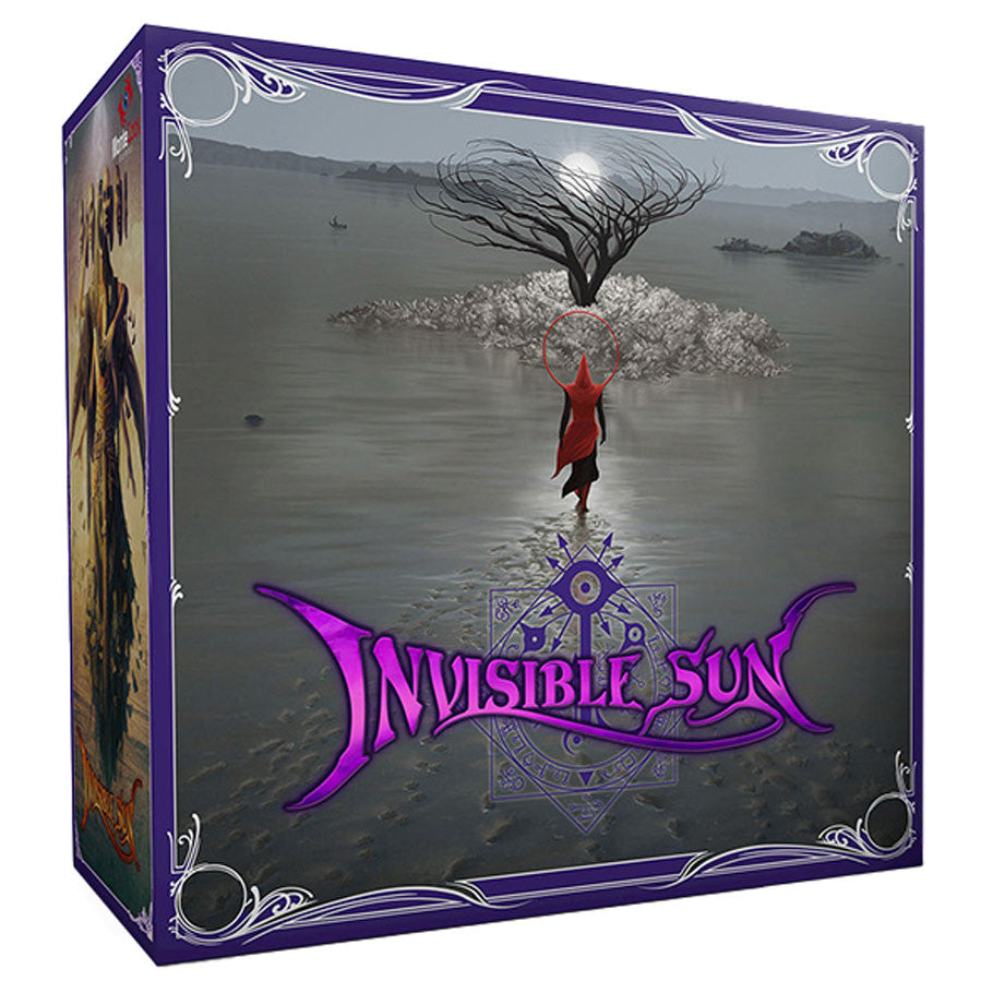 Invisible Sun: Indigo (PREORDER) - Square box with dark gray misty background, featuring a figure in red holding a black tree above, purple "Invisible Sun".