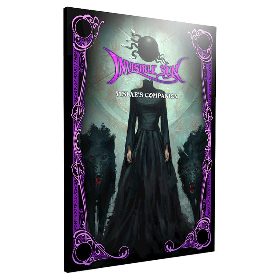 Invisible Sun: Vislae's Companion (PREORDER) - Book cover with dark fantasy artwork featuring a shadowy figure in a flowing black dress flanked by two wolf-like creatures,