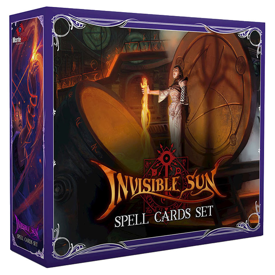 Invisible Sun: Spell Cards Set (PREORDER) - Purple boxed Invisible Sun Spell Cards Set featuring fantasy artwork of a robed figure holding a glowing staff before a.