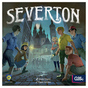 Severton (PREORDER) - Board game box featuring six illustrated characters in 1940s attire gathered around a dimly lit, mysterious European town.