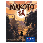 Makoto (PREORDER) - Card game box with Asian temple sunset scene, silhouette of person in conical hat, and bold "MAKOTO" text.