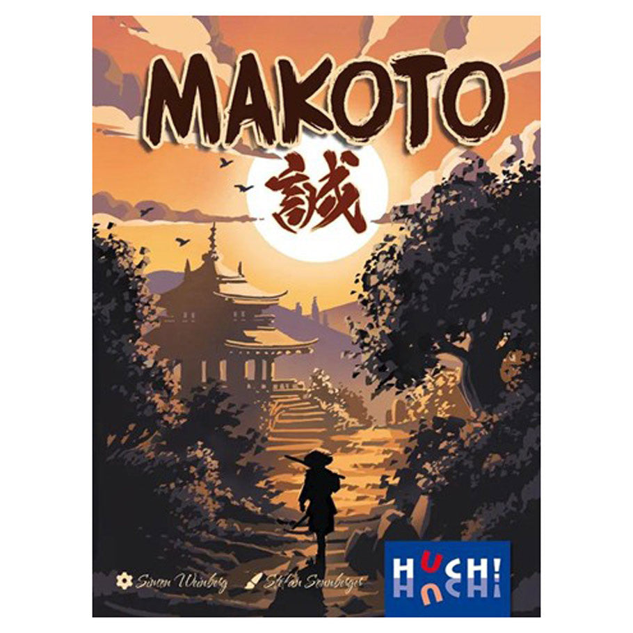 Makoto (PREORDER) - Card game box with Asian temple sunset scene, silhouette of person in conical hat, and bold "MAKOTO" text.