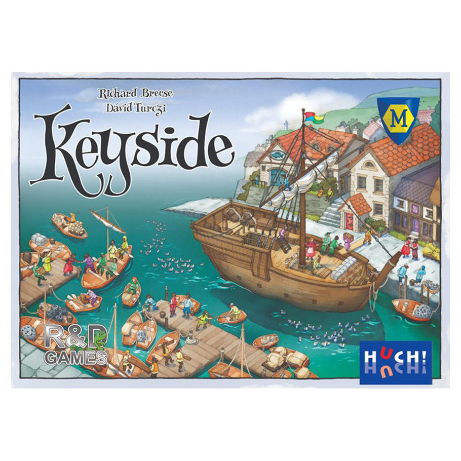 Keyside (PREORDER) - Keyside board game box featuring a colorful harbor scene with a large wooden ship and village buildings on the water's edge.