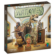 Antiques (PREORDER) - Board game box with artwork of museum antiques including a dinosaur skeleton, Egyptian bust, ancient Greek statue, and.