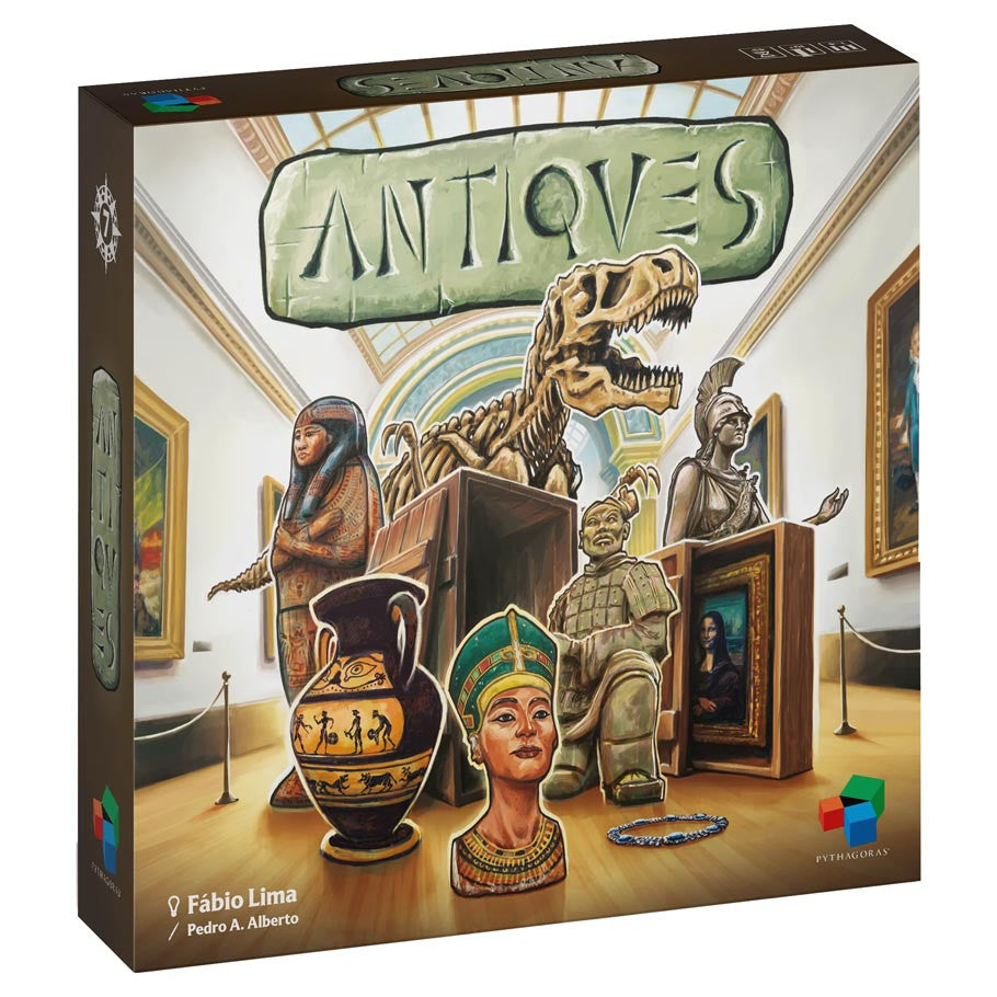 Antiques (PREORDER) - Board game box with artwork of museum antiques including a dinosaur skeleton, Egyptian bust, ancient Greek statue, and.
