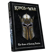 Kings of War 4th Edition: Core Rulebook - Black hardcover book with a detailed medieval helmet in gold and silver on the cover, titled Kings of War, fantasy battle.