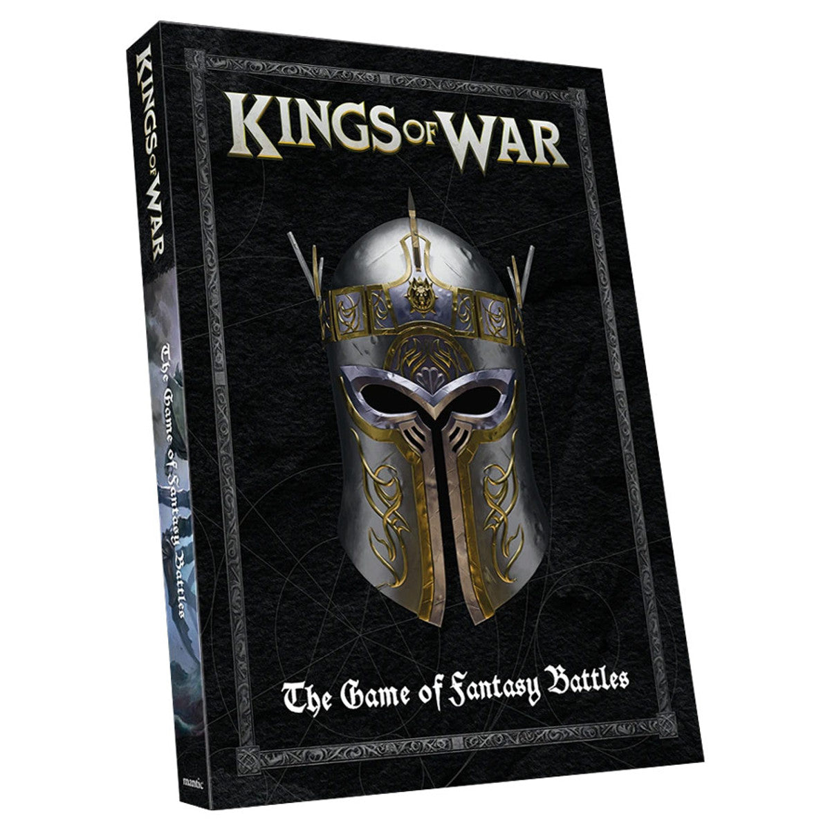 Kings of War 4th Edition: Core Rulebook - Black hardcover book with a detailed medieval helmet in gold and silver on the cover, titled Kings of War, fantasy battle.