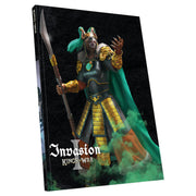Kings of War 4th Edition: Invasion Limited Edition Hardcover - Hardcover book with dark fantasy art of armored warrior holding spear, green cloak, and gold details on cover.