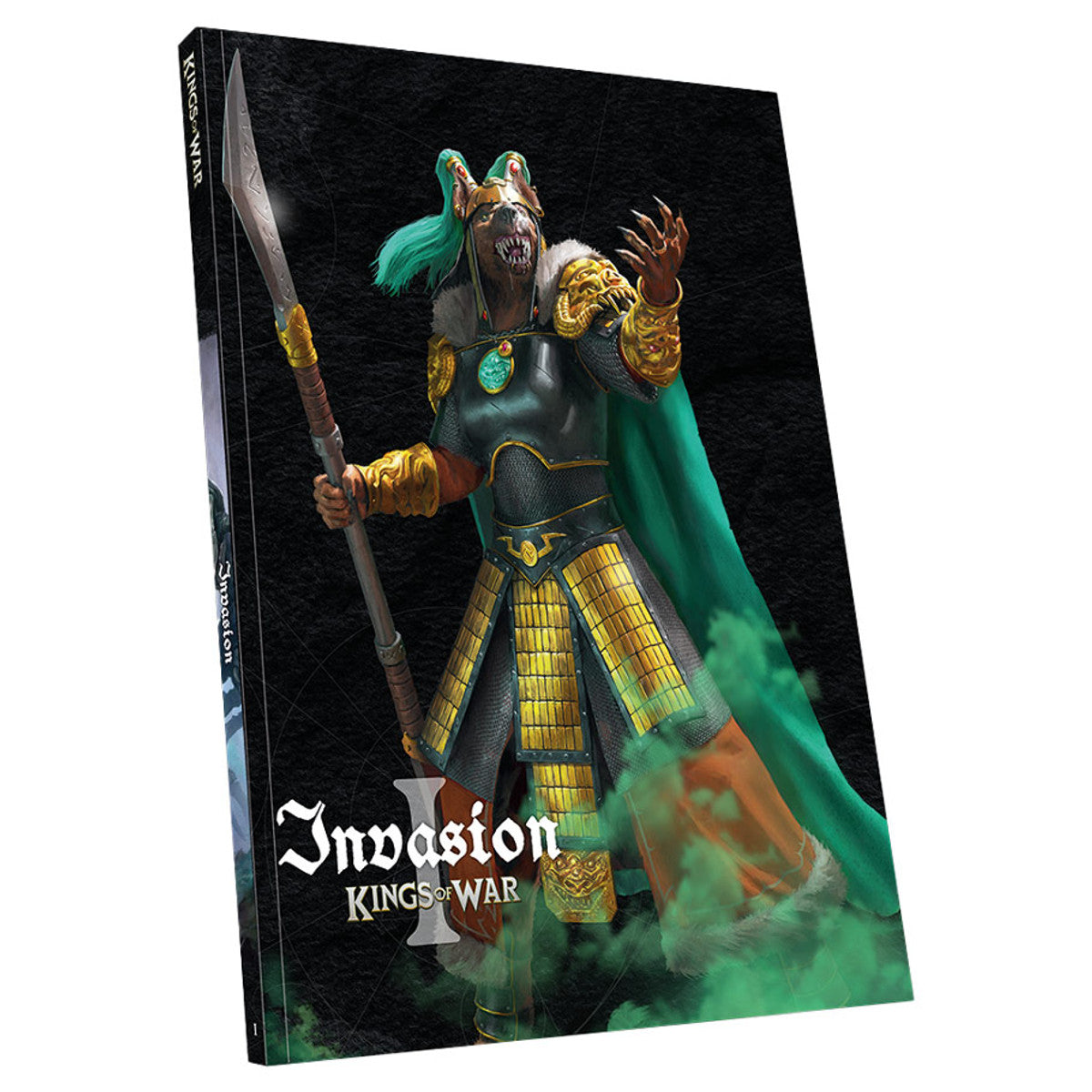 Kings of War 4th Edition: Invasion Limited Edition Hardcover - Hardcover book with dark fantasy art of armored warrior holding spear, green cloak, and gold details on cover.