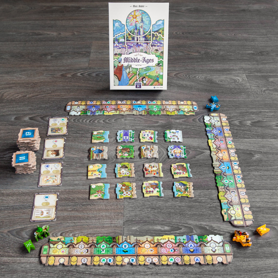 Middle-Ages - Middle-Ages strategy board game with colorful hexagonal tiles, character cards, a score track, and small orange, blue, and.