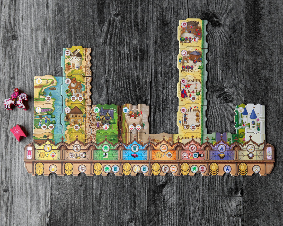 Middle-Ages - Colorful wooden game pieces with medieval-themed illustrations arranged on a brown wooden board with circular slots and.
