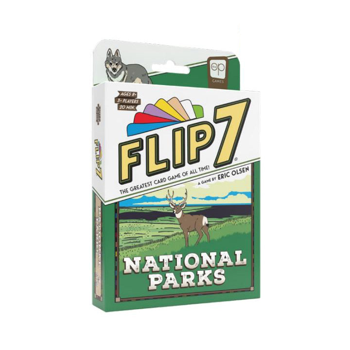 Flip 7: National Parks (PREORDER) - Green rectangular card game box labeled Flip 7 with colorful fan and national parks scene featuring a moose in a forest.