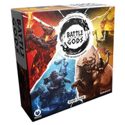 Battle of Gods (PREORDER) - Square board game box with vibrant artwork depicting four mythical warriors in red, blue, yellow, and brown tones.