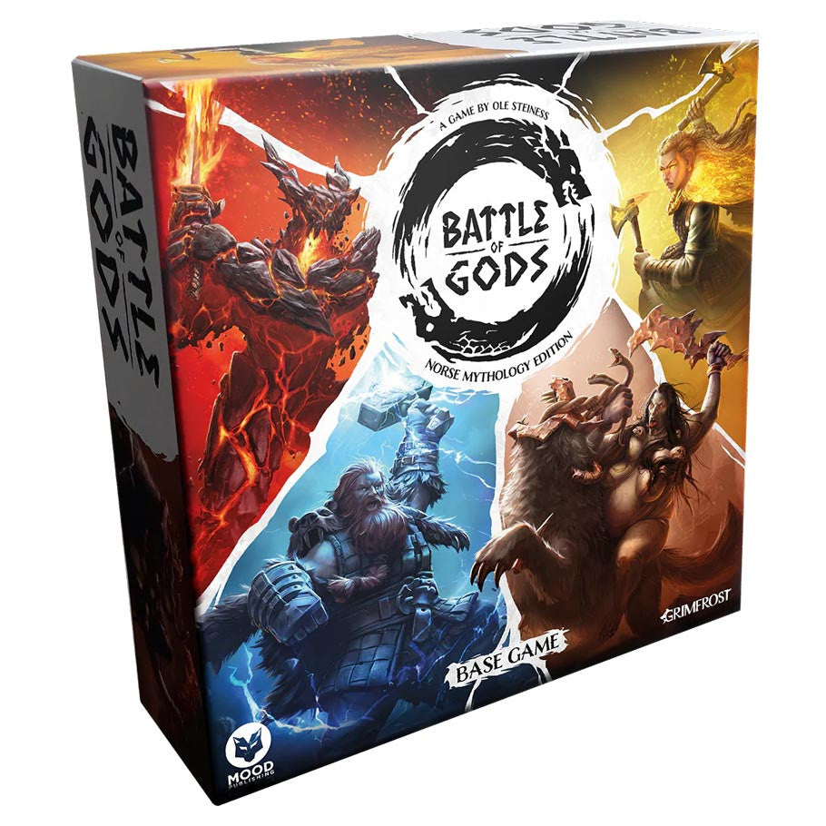 Battle of Gods (PREORDER) - Square board game box with vibrant artwork depicting four mythical warriors in red, blue, yellow, and brown tones.