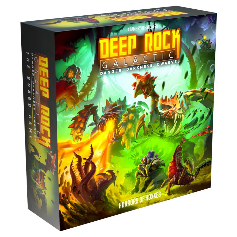 Deep Rock Galactic: Horror of Hoxxes Expansion (PREORDER) - Horror of Hoxxes Expansion board game box with vibrant sci-fi artwork featuring alien creatures and rugged miners in green.