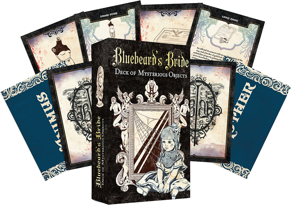 Bluebeard's Bride RPG: Deck of Mysterious Objects - Black box deck labeled Bluebeard's Bride with vintage-style illustrated cards in muted tones, featuring detailed drawings.