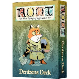 Root RPG: Denizens Deck - Root RPG Denizens Deck box with illustrated fox character in green robe holding a map, blue and green gradient background.