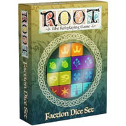 Root RPG: Faction Dice Pack - Colorful set of twelve dice featuring unique faction symbols in a fantasy-themed Root RPG box.