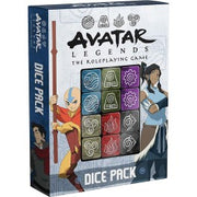 Avatar Legends RPG: Dice Pack - Avatar Legends RPG dice pack with multicolored dice featuring elemental symbols in a box with character art.
