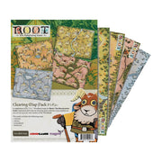 Root RPG: Ruins & Expeditions - Map Pack 1 (PREORDER) - Set of colorful illustrated game maps featuring various terrain types and a cartoon animal character holding a staff on the.