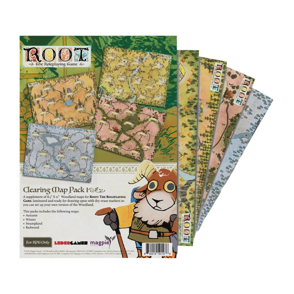 Root RPG: Ruins & Expeditions - Map Pack 1 - Colorful fantasy map sheets with forest, mountain, and terrain details stacked with a cartoon cat adventurer illustration on