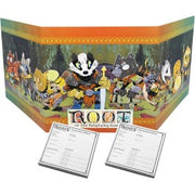 Root RPG: GM Accessory Pack - Colorful RPG game master screen with animal characters like badger, fox, and rabbit in a forest setting, accompanied by two.
