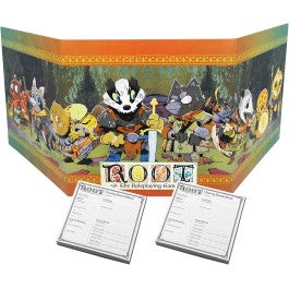 Root RPG: GM Accessory Pack - Colorful RPG game master screen with animal characters like badger, fox, and rabbit in a forest setting, accompanied by two.