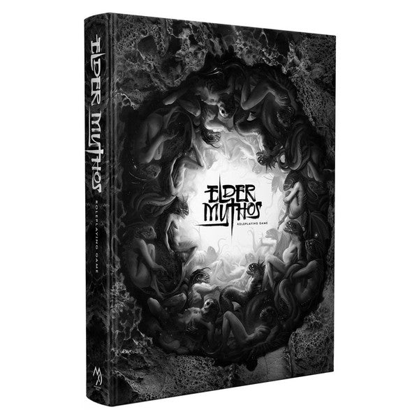 Elder Mythos RPG: Core Book - Black and gray hardcover RPG book titled Elder Mythos featuring dark, swirling tentacle and skull artwork on front cover.