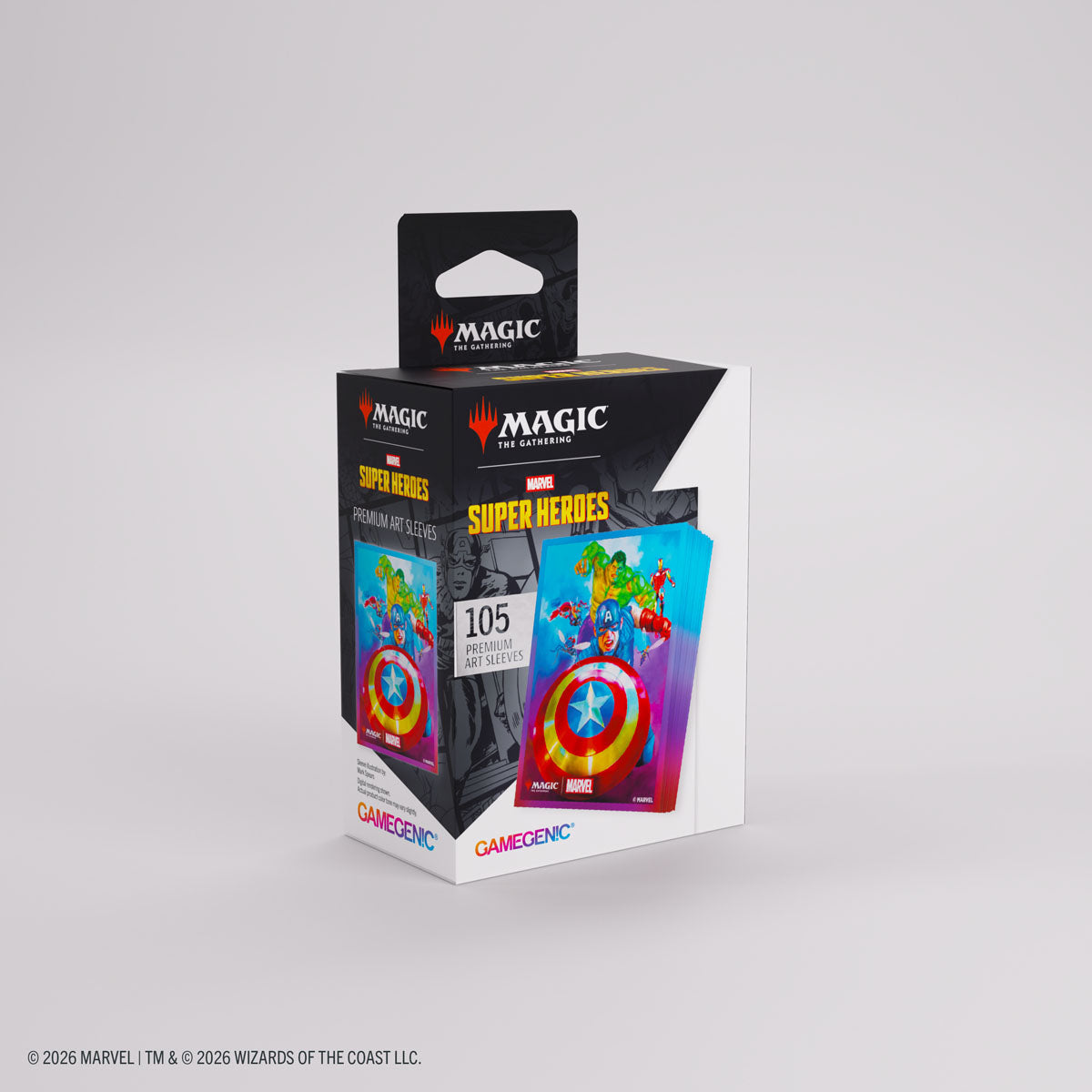 Gamegenic Premium Art Sleeves: Marvel Super Heroes - Captain America, Team Leader - Box of 105 clear card sleeves featuring Captain America shield and Marvel Super Heroes design.