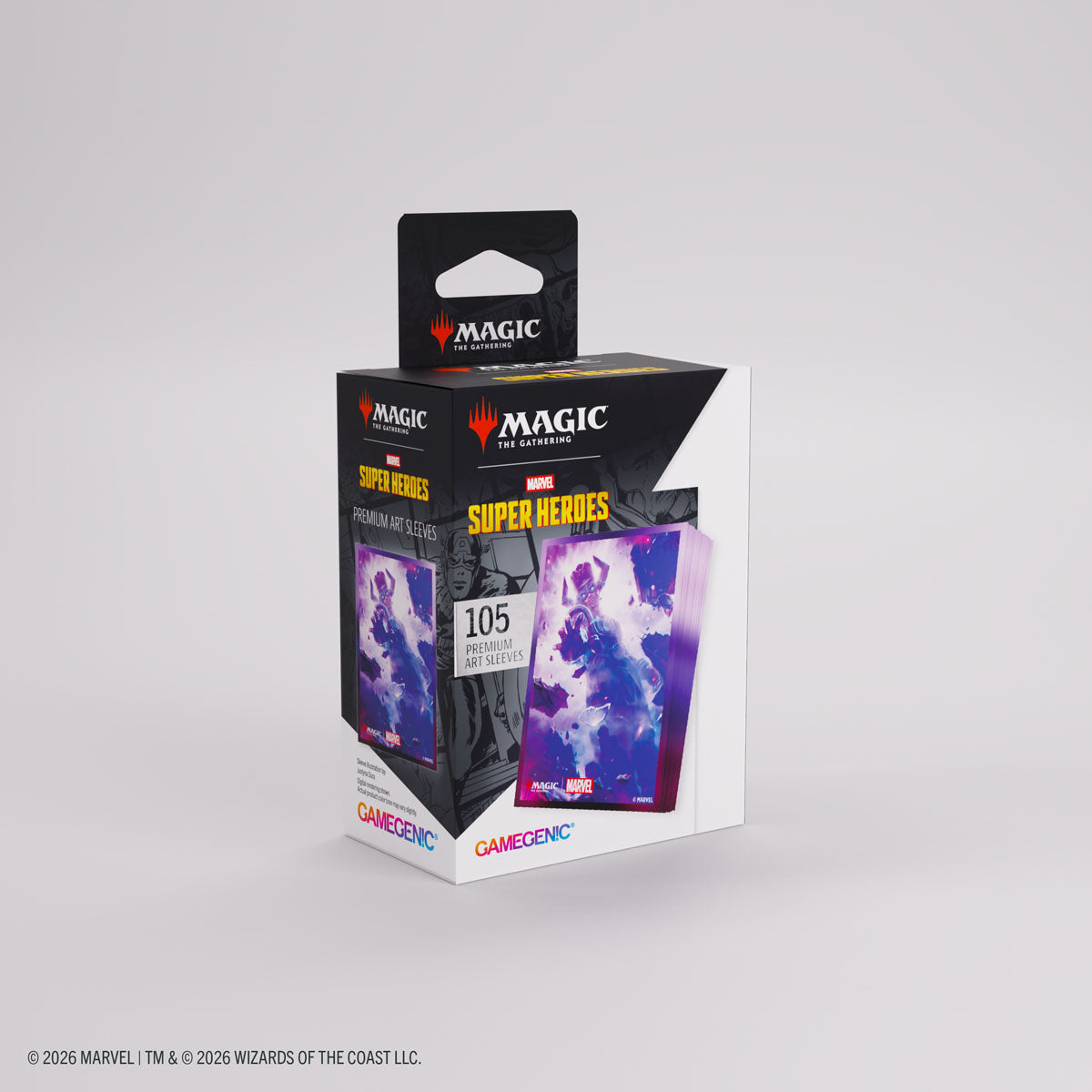 Gamegenic Premium Art Sleeves: Marvel Super Heroes - Galactus Token - Pack of 105 glossy card sleeves featuring purple and white Galactus cosmic design from Marvel Super Heroes series.