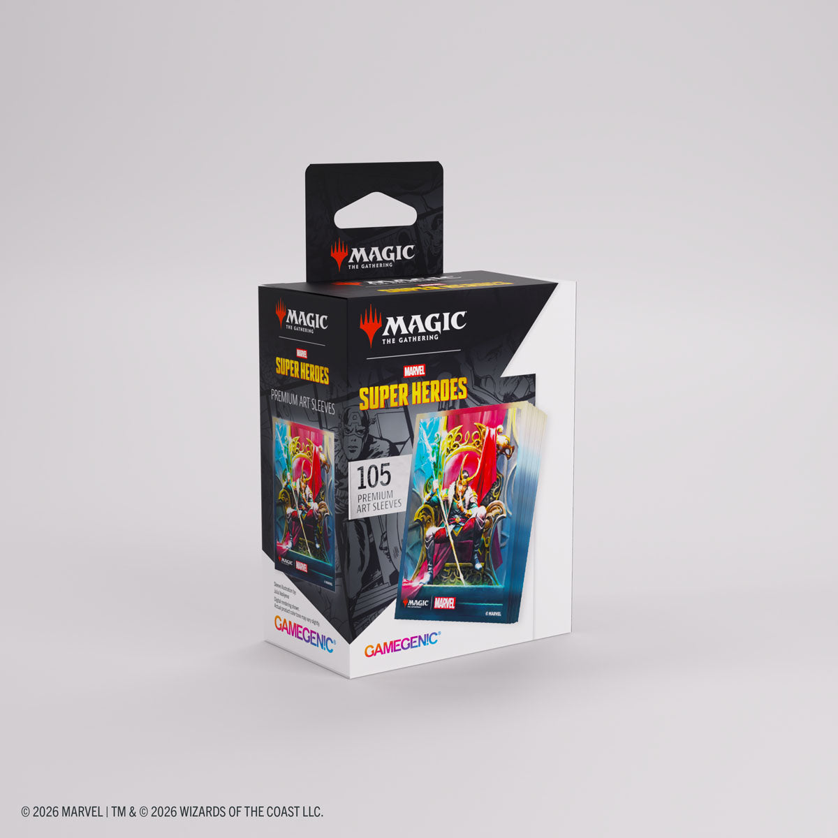 Gamegenic Premium Art Sleeves: Marvel Super Heroes - Loki - Box of Gamegenic Premium Art Sleeves featuring Marvel Loki artwork with vibrant colors, designed for card protection.