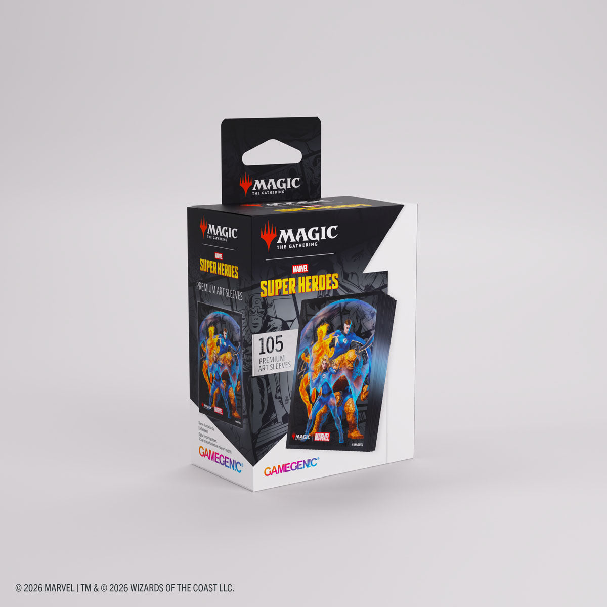 Gamegenic Premium Art Sleeves: Marvel Super Heroes - The Fantastic Four - Box of Gamegenic Premium Art Sleeves featuring Fantastic Four artwork, black edges, 105 sleeves for card protection.