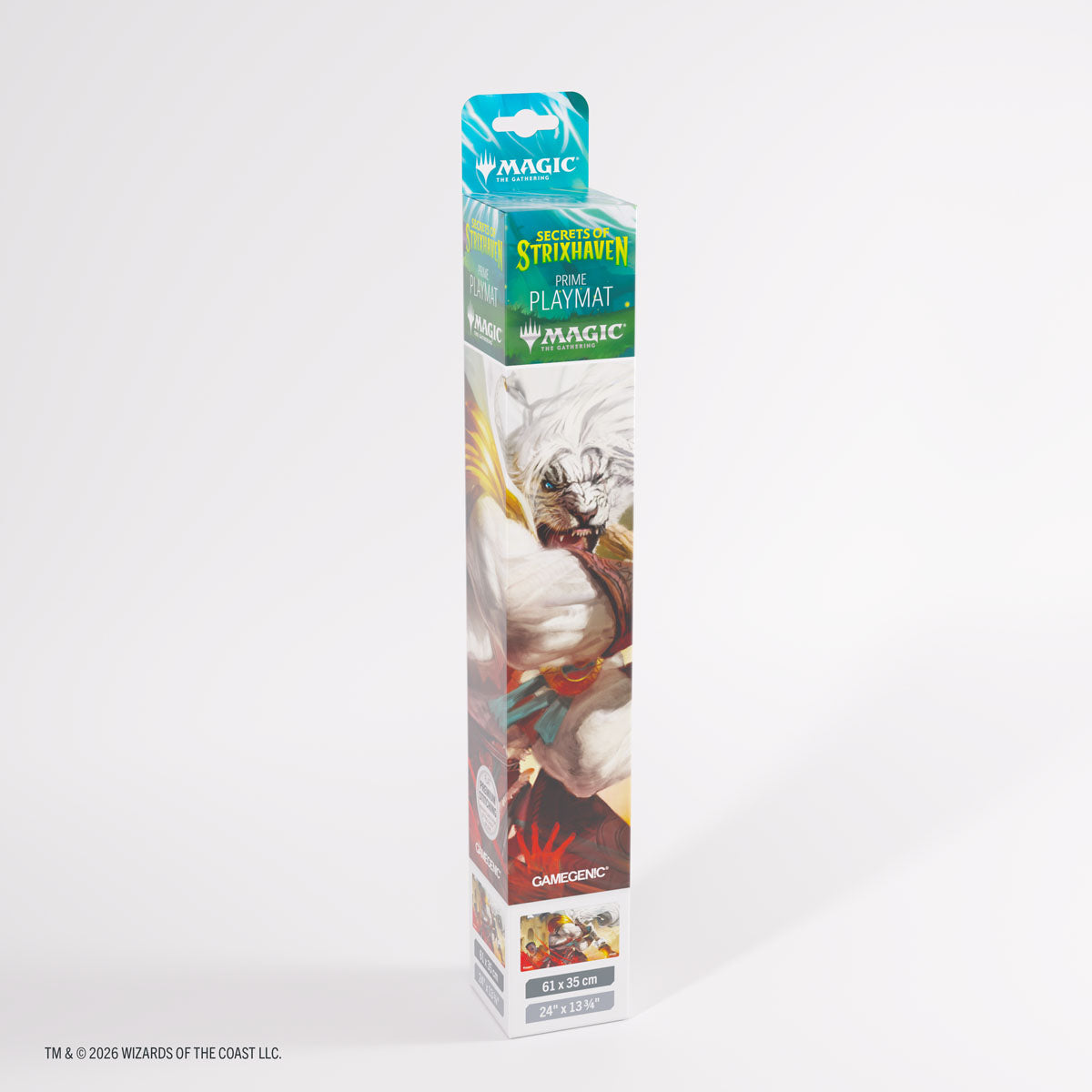 Gamegenic Prime Playmat: Secrets of Strixhaven - Ajani's Response (PREORDER) - The Gathering logos on a white background.