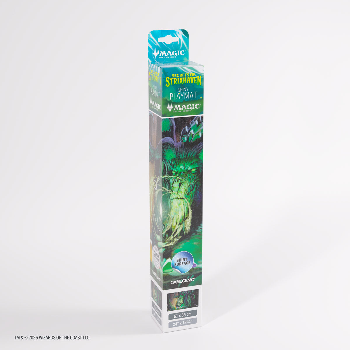 Gamegenic Shiny Playmat: Secrets of Strixhaven - Witherbloom, the Balancer (PREORDER) - Tall rectangular box with dark green and black artwork featuring a mystical figure surrounded by glowing green mist, labeled