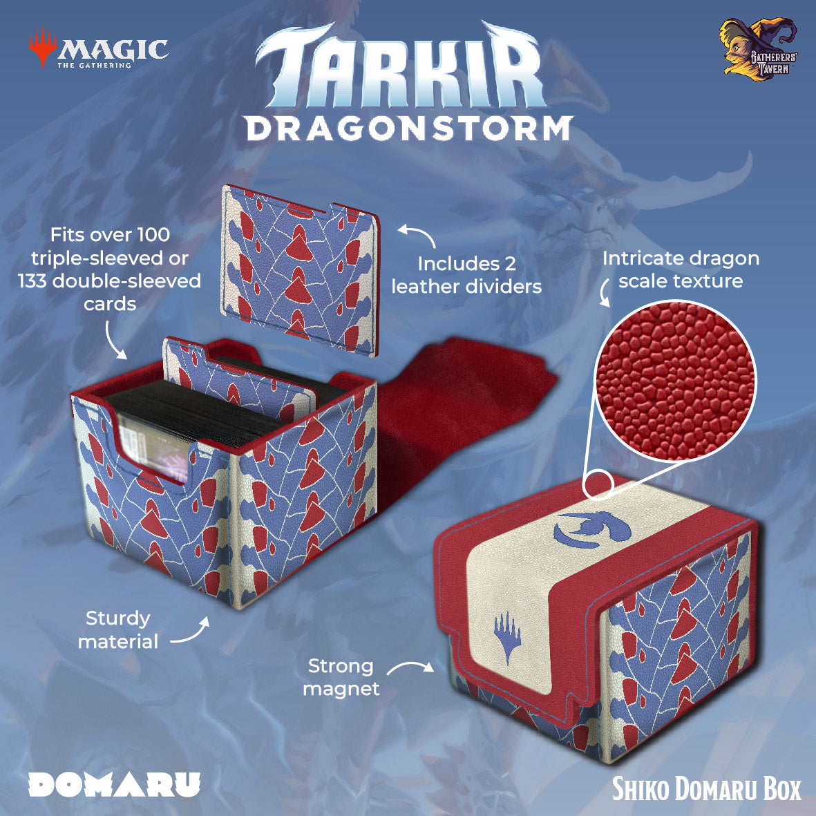 Magic the Gathering Tarkir Dragonstorm Domaru Box - Shiko - Red and blue patterned rectangular card storage box with intricate dragon scale texture and leather dividers.