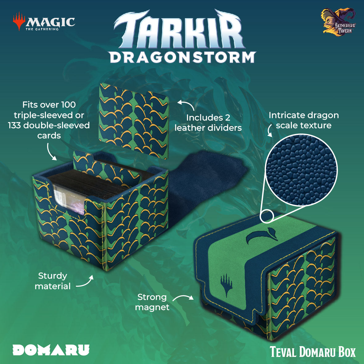 Magic the Gathering Tarkir Dragonstorm Domaru Box - Teval - Dark blue and green rectangular card storage box with intricate dragon scale texture and leather dividers, designed for.